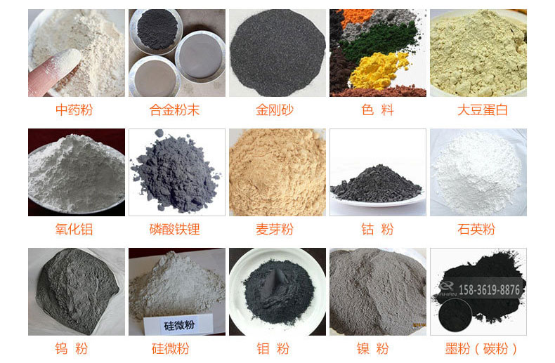 氣體保護超聲波振動篩的行業應用：中藥粉，合金粉末，金剛砂，色料，大豆蛋白，氧化鋁，磷酸鐵鋰，麥芽粉，鈷粉，石英粉，鎢粉，硅微粉，鉬粉，墨粉。