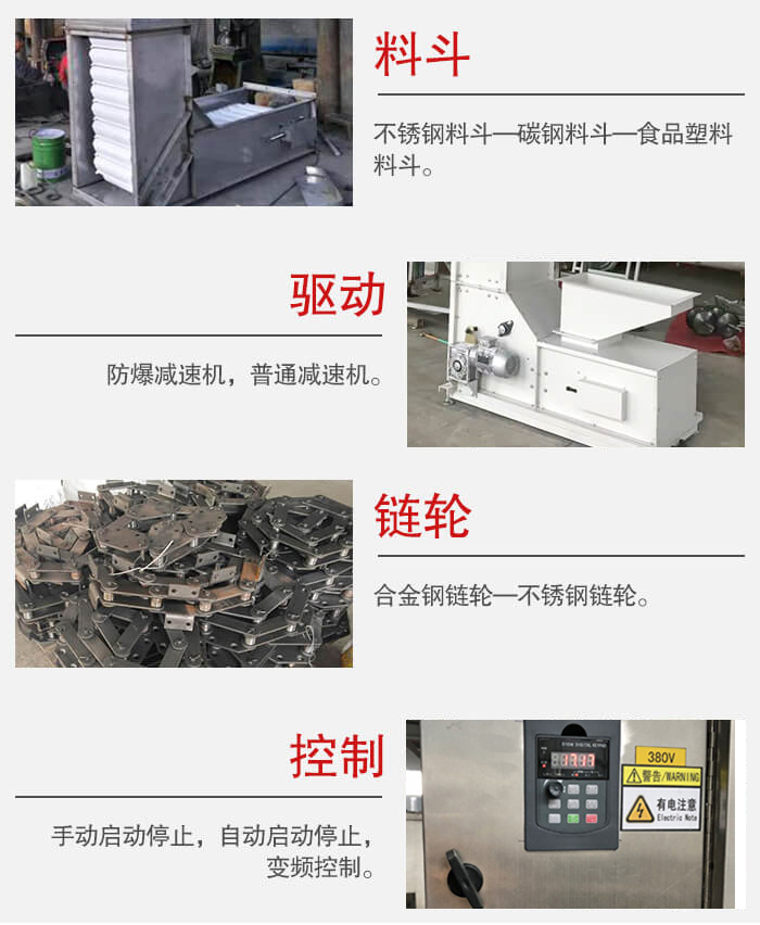 z型斗式提升機(jī)料斗：不銹鋼料斗-碳鋼料斗-食品塑料料斗。驅(qū)動裝置采用的式防爆減速機(jī)，普通減速機(jī)兩種。鏈輪采用合金鏈輪-不銹鋼鏈輪控制器：手動啟動/停止，以及自動啟動停止。