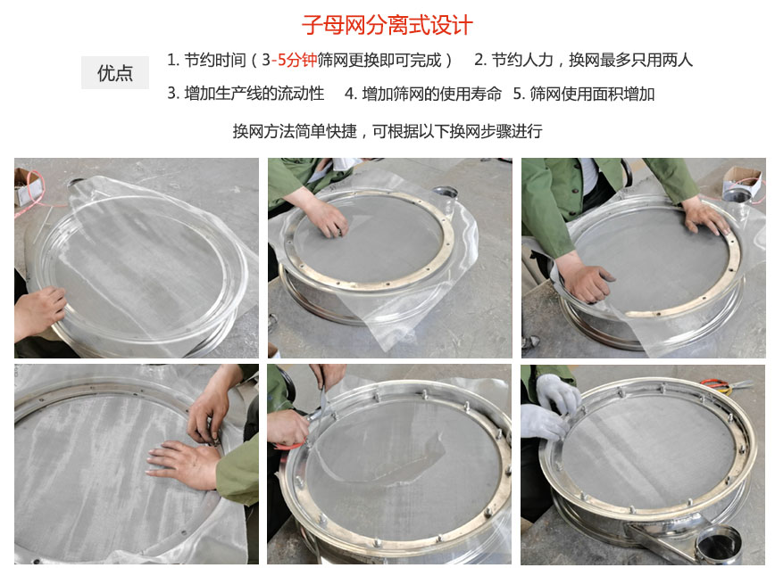 大漢振動機械換網優勢：1，節省時間（3-5分鐘篩網更換即可完成）2，節省人力，換網只有兩人。3.增加生產線的流暢性。4.增加篩網壽命，彈跳球不直接撞擊子網。5.篩網使用面積增加。