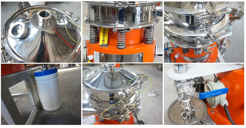 氣體保護超聲波振動篩細節：控制閥，料罐，篩網。
