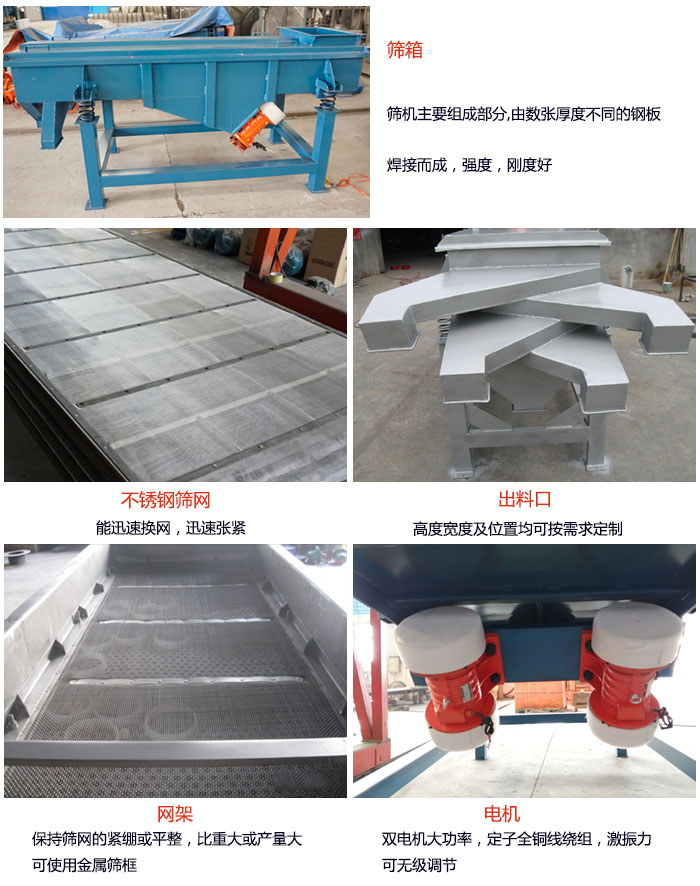 520型直線振動篩結(jié)構(gòu)：篩箱：篩機(jī)主要組成部分，由數(shù)張厚度不同的鋼板焊制而成，強(qiáng)度，剛度好。不銹鋼篩網(wǎng)：能迅速換網(wǎng)，迅速張緊。電機(jī)：雙電機(jī)大功率，定子全銅線繞組，激振力可無極調(diào)節(jié)。網(wǎng)架：保持篩網(wǎng)的緊繃和平整，比重大或產(chǎn)量大時可使用金屬篩框。出料口：高度寬度及位置均可按照用戶的要求來定制。