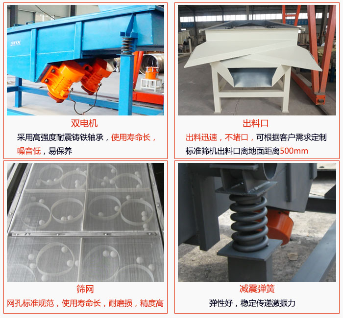 1030直線振動篩雙電機采用高強度耐震鑄鐵軸承使用壽命長、噪音低，易保養(yǎng)；出料口排料迅速，不堵口，可根據客戶需求定制，標準機器出料口離地面距離500mm;篩網網孔標準規(guī)范、使用壽命長，耐磨損、精度高；減震彈簧：彈性好，穩(wěn)定傳遞激振力。
