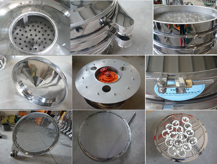 里外剖光振動篩細節：防塵蓋拋光效果，篩框拋光效果，振動篩底座拋光效果，振動篩網架拋光效果等。