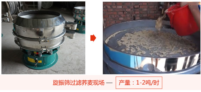 旋振篩過濾蕎麥現(xiàn)場，產(chǎn)量可達(dá)2噸每小時。