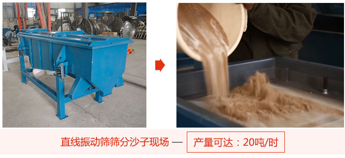 直線振動篩篩分沙子現(xiàn)場展示，產(chǎn)量高達(dá)20噸每小時。