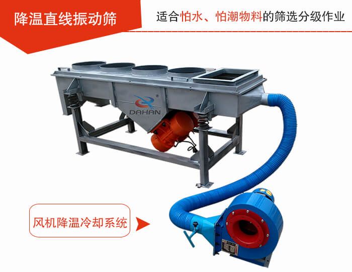 降溫直線振動篩加裝風機或水箱降溫方式完成物料的降溫需求。