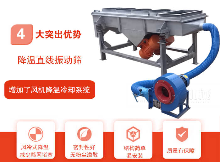 降溫直線振動篩性能特點：1，技術成熟，質量可靠，篩分精度高，處理量大。2，風冷式降溫系統設計，快速有效降溫。3，適用范圍廣，可應用于各種需要降溫的物料。4，設計精巧合理，結構簡單，易安裝，耗能少，噪音低5，篩網使用壽命長，換網更方便，快捷6，設備整體密封性好，無粉塵溢散。